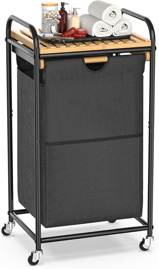 Laundry Hampers 1 Section, Laundry Sorter with Removable Shelf and Pull-Out Bags, Clothes Hampers with Wheels Rolling Cart Basket for Laundry Room Bathroom, 50 L (Black)-Ruum Studio Home