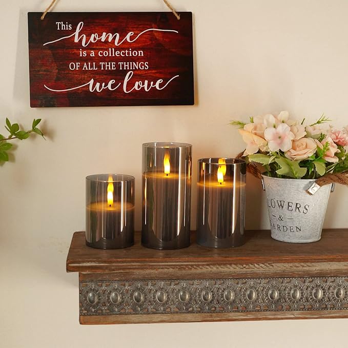 Homemory Grey Glass Flameless Candles, Battery Operated LED Pillar Candles with Remote Control and Timer, Radiance Candles, Real Wax, Set of 3,D3 xH4 5" 6"-Ruum Studio Home