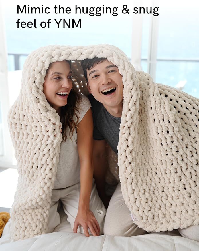 YnM Chunky Throw Blanket, Medium-Weight, Hand Knitted with Chenille Yarn, Skin Friendly, Ventilated and Breathable, Machine Washable, Home Décor Piece for Couch Sofa and Bed (Butter Cream, 80x87 Inch)-Ruum Studio Home