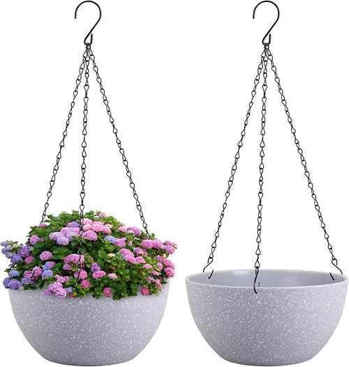 10 inch Hanging Planters for Indoor Outdoor Plants, 2 Pack Hanging Flower Pots with Drainage Holes and Chain for Garden Porch, Plastic Hanging Baskets for House Plants, Speckled Grey-Ruum Studio Home