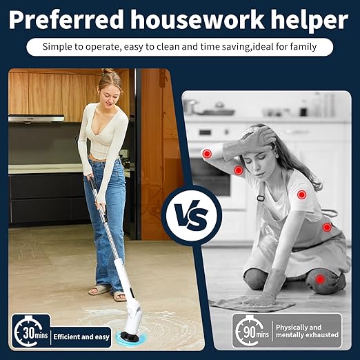 Electric Spin Scrubber - Cordless Cleaning Brush with Digital Display, 2 Speeds, 8 Brush Heads, IPX7 Waterproof, Adjustable Long Handle for Bathroom, Tub, Tile, Shower, and Car-Ruum Studio Home