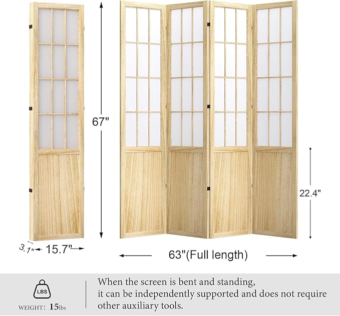 5.6FT Room Divider and Folding Portable Partition Screen, Chinese Japanese Shoji Style for Room Separation - 4 Panel (Natural)-Ruum Studio Home
