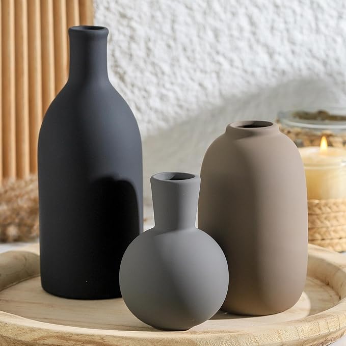 Ceramic Vase Set of 3, Rustic Farmhouse Vases Home Decor Pottery Pampas Vase Decoration Modern Neutral Flowers Vases for Room Decor, Entryway, Living Room, Table, Kitchen, Bedroom - Multicolor-Ruum Studio Home