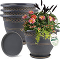 4 Pack 16 Inch Large Plant Pots, Plastic Flower Pot for Indoor & Outdoor with Drainage Holes & Saucer, Plaid Pattern Planters Garden Pots for Herbs Gold-Ruum Studio Home