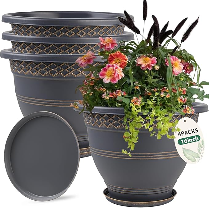 4 Pack 16 Inch Large Plant Pots, Plastic Flower Pot for Indoor & Outdoor with Drainage Holes & Saucer, Plaid Pattern Planters Garden Pots for Herbs Gold-Ruum Studio Home