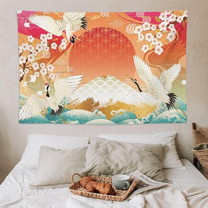 HZOHNAGO Japanese Tapestry Cherry Blossom Crane Sea Wave Fuji Mountain Red Sun Pattern Printed Wall Tapestry Painting Wall Hanging for Bedroom Living Room Dorm 90" W x 60" H-Ruum Studio Home