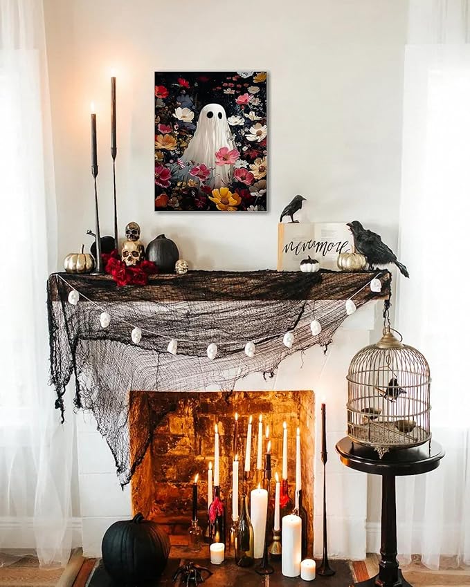 Halloween Canvas Wall Art,Vintage Cute Ghost & Wildflowers Framed Poster, Spooky Fall Decorations for Indoor, Gothic Dark Academia Wall Decor, Funny Halloween Decorations for Living Room Bedroom-Ruum Studio Home