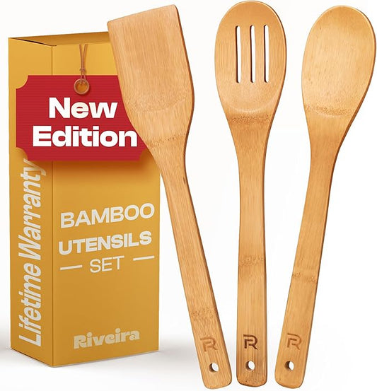Riveira Bamboo Wooden Spoons for Cooking 3-Piece, Apartment Essentials Wood Spatula Spoon Nonstick Kitchen Utensil Set Premium Quality Housewarming Gifts for Everyday Use-Ruum Studio Home