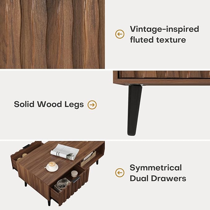 Mid Century Modern Coffee Table with Grooved Drawers & Open Storage, 47" MDF Walnut Wood Center Table with Black Solid Wood Legs, Retro Living Room Furniture-Ruum Studio Home