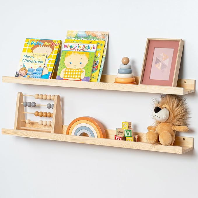 Picture Ledge Shelf for Wall, 36 inch Solid Pine Wood Nursery Book Shelves 2 Packs, Floating Ledge Shelves for Kids' Room Bedroom Bathroom Living Room Photo Frames Office Nursey Wall Decor, Natural-Ruum Studio Home