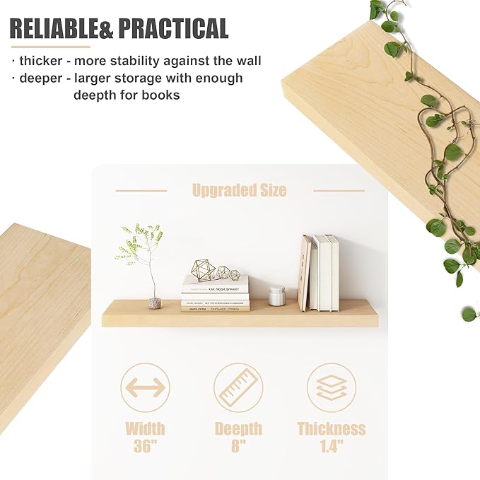 Floating Shelves for Wall, USA-Sourced Maple Wood 36 Inch Long Wall Shelves Set of 2, Natural Wooden Mounted Picture Ledge Shelf, Nursery Book Storage Shelf Kids Bookshelf, Display Shelf-Ruum Studio Home