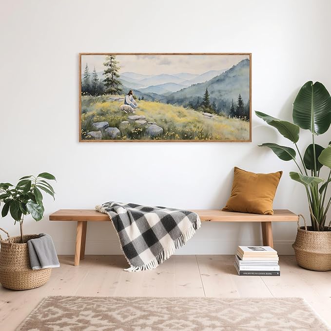 Aurlan Christian Jesus with Lost Sheep Wall Art(40"x20"), Boho Religious Lamb The Good Shepherd Psalm 23 Canvas Artwork, Large Abstcat Watercolor Vintage Nature Landscape Bible Story Decor for Home Dining Room Christ Gift-Ruum Studio Home