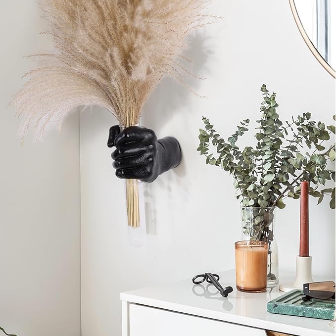 Black Wall Sculptures, Hand Vases Home Decor, Wall Mount Art Sculpture, Unique Wall Art Statue, Funky Flower Vase Decorations, Modern Eclectic Hanging Decor,Glass Test Tube Vase-Ruum Studio Home