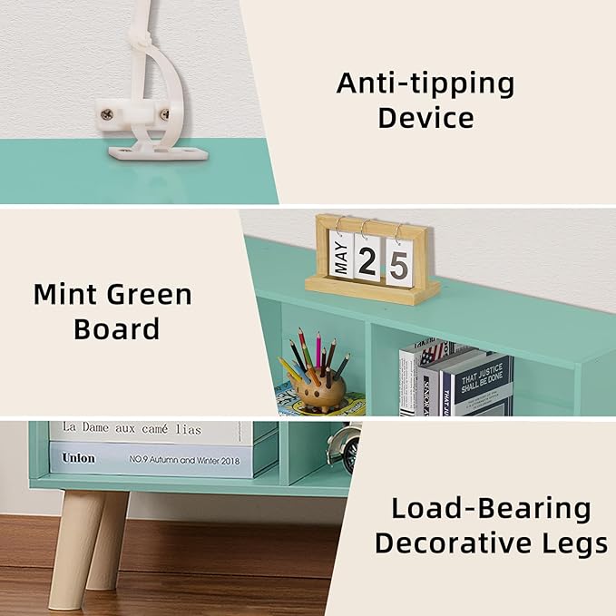 LEYAOYAO 8 Cube Bookshelf 3-Tier Bookcase with Legs, Mint-Green Kids Book Shelf Cute Storage Organizer, Large Open Toy Shelves Modern Bookshelves,Display Bookcases for Bedroom,Living Room,Nursery-Ruum Studio Home