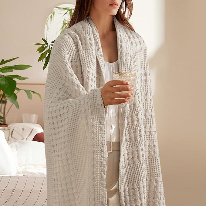 PHF 100% Cotton Waffle Weave Throw Blanket, Soft Lightweight Breathable Cozy Summer Throws for Couch Bed Sofa, Luxury Aesthetic Woven Blanket for Home Decor & Office, 50"x60", Oatmeal-Ruum Studio Home