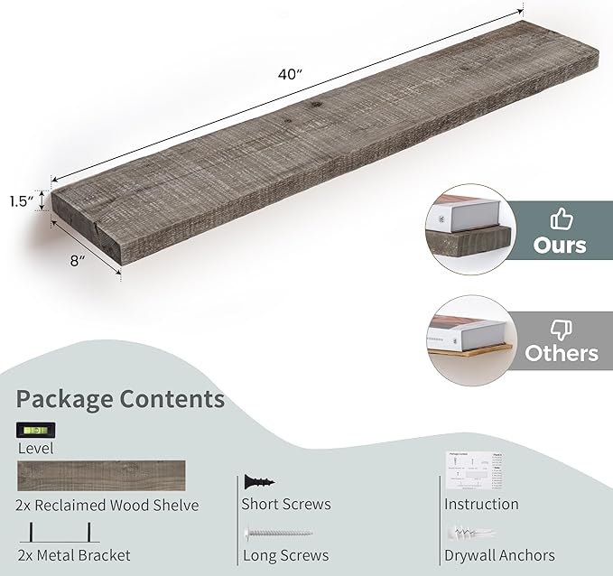Floating Shelves Reclaimed Barnwood, 8" Deep Solid Wood Floating Shelf Wall Hanging Shelves with Invisible Heavy-Duty Metal Bracket | Wall Mounted | Farmhouse Style | 40 inches,2PCS,Grey-Ruum Studio Home