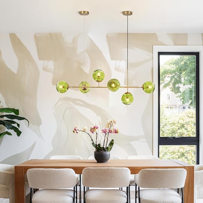 KCO Lighting 6 Green Glass Pendant Lights Kitchen Island Mid Century Modern Globe Sputnik Chandelier Brushed Gold Linear Island Light Fixture for Dining Room-Ruum Studio Home