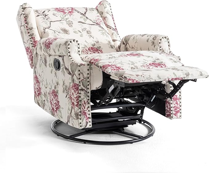 UIXE Swivel Rocker Manual Recliner Chair, Wingback Swivel Glider Fabric Nursery Reclining Sofa Chair, High Back Upholstered Arm Chair for Living Room Bedroom - Beige Floral-Ruum Studio Home