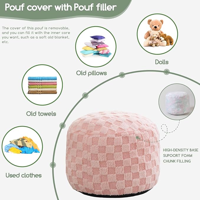 HIGOGOGO Round Stuffed Pouf Ottoman, Plaid Poufs with Foam Chunk Filling, Fluffy and Furry Pouf Foot Stool Storage Ottoman, 26 X 18 Floor Poufs Foot Rest for Living Room, Pink-Ruum Studio Home