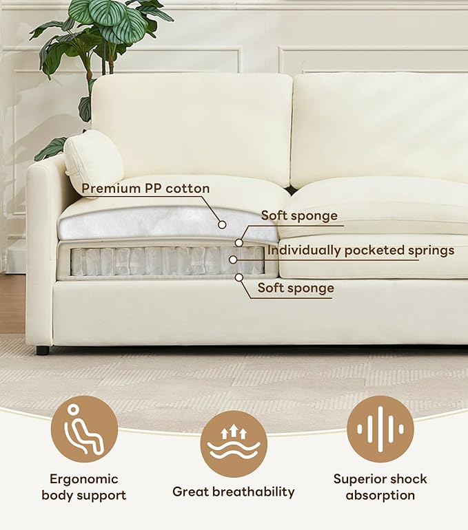 Tbfit Modern Couch Sofa, 89" Cloud Couch w/Pillows, Pocketed Spring Seat, Comfy 3-Seater Plush Foam Cushions, Chenille Fabric Removable Covers, Soft Upholstered Living Room Furniture Apartment, Beige-Ruum Studio Home