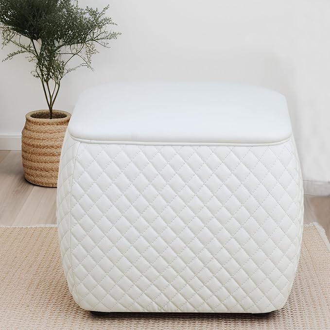 Ottoman Rectangular Storage Ottoman Bench, Faux Leather Footrest, Stool Footstool for Living Room, Bedroom, Entryway, White, 19.5"x15.5"x18"-Ruum Studio Home