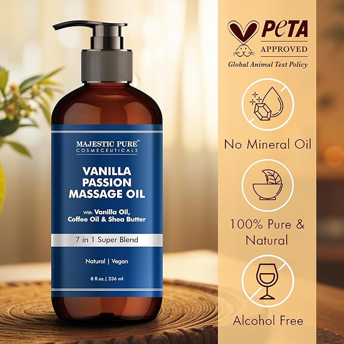 MAJESTIC PURE Vanilla Passion Massage Oil for Massage Therapy - Refreshing, and Relaxing - Natural Oils with Vanilla Oil, Coffee Oil & Shea Butter - for All Skin Types - Men and Women - 8 fl oz-Ruum Studio Home