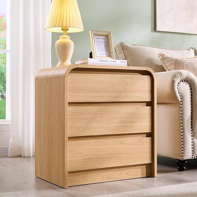 25" Tall Modern Nightstand Set of 2, 23.6" Wide Wood Bedside Table with Charging Station, 3 Storage Drawers Side Table w/Curved Profile Design,End Table for Bedroom, Natural Oak-Ruum Studio Home