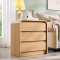 25" Tall Modern Nightstand with Charging Station, 23.6'' Wide Wood Bedside Table w/3 Storage Drawers, Small Dresser w/Curved Profile Design, End Table for Bedroom, Natural Oak-Ruum Studio Home