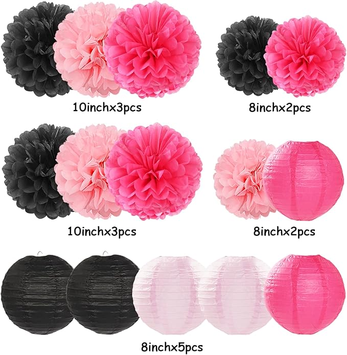 Hot-Pink Black Party-Decorations Paper Flowers Lanterns - 15PCS Graduation Birthday Tissue Pom Poms Streamers,Baby Girl Women Bachelorette Hanging Supplies Decor Hugfond-Ruum Studio Home