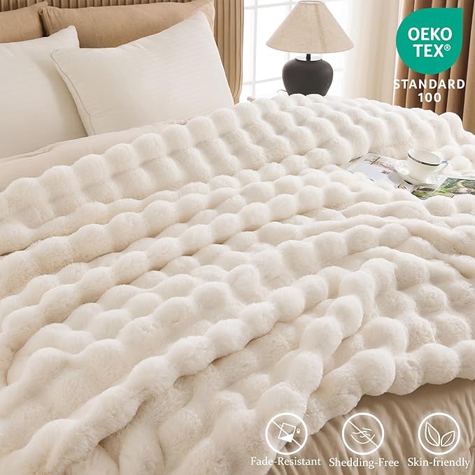 Cozy Faux Fur Throw Blanket for Bed-Warm Fuzzy Throw Blanket, Soft Plush Thick Bubble Blankets for Bedroom and Living Room, Furry Luxury Blanket, 60 x 80, Cream-Ruum Studio Home