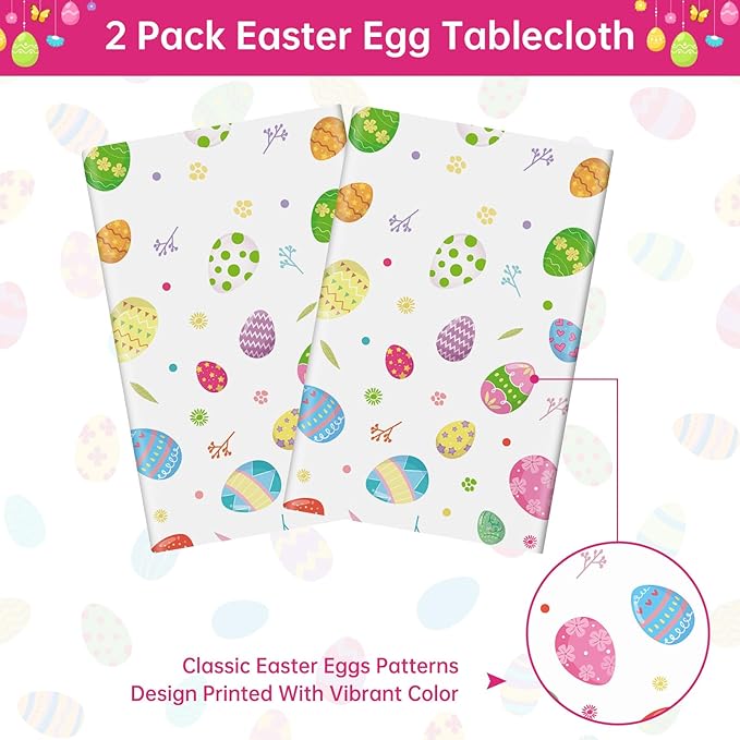 2 Pack Easter Tablecloth - Colorful Easter Eggs Table Cloth, Plastic Disposable Rectangle Spring Easters Egg Table Cover for Easters Tables Decorations and Party Supplies Decor Favors, 108 x 54 Inch-Ruum Studio Home