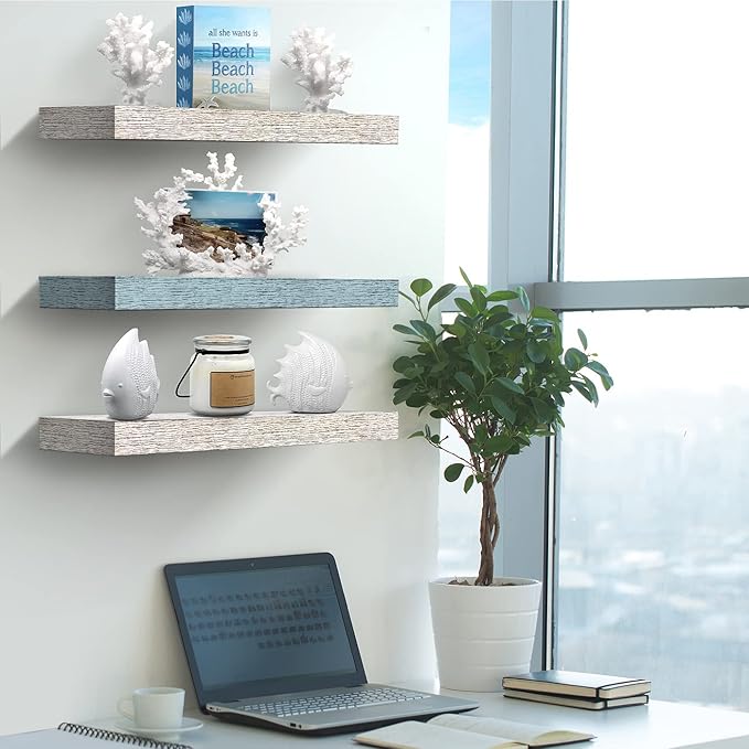 Sorbus Floating Shelves - 3 Pack 16 Inch Rustic & Blue Wall Shelves for Bedroom, Kitchen, Living Room, Bathroom Shelves, Home Decor, Office - Floating Shelf for Trophy, Books, Frames-Ruum Studio Home