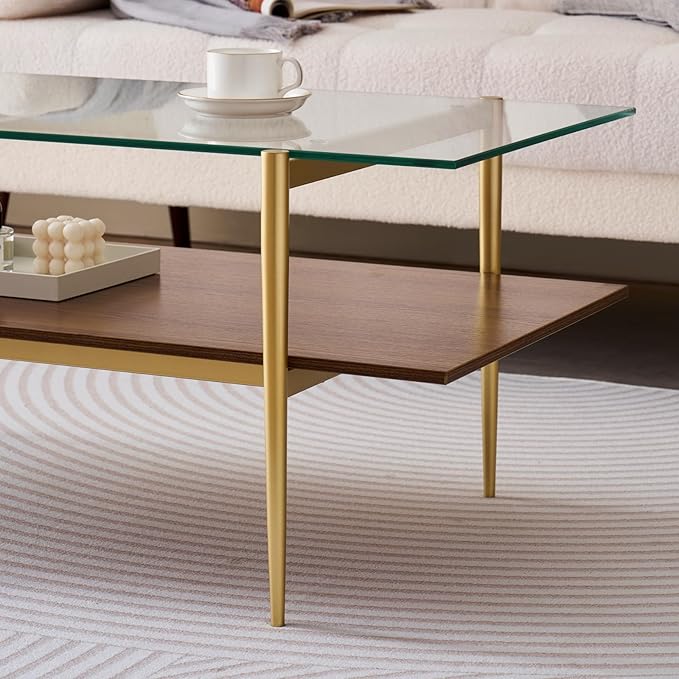 Rectangle Coffee Table, Mid-Century Modern Design, L41 W21 x H17, for Living Room, 2-Tier Structure, Clear Glass Top and Walnut MDF Shelf, Sleek Conical Metal Legs with Gold Finish-Ruum Studio Home