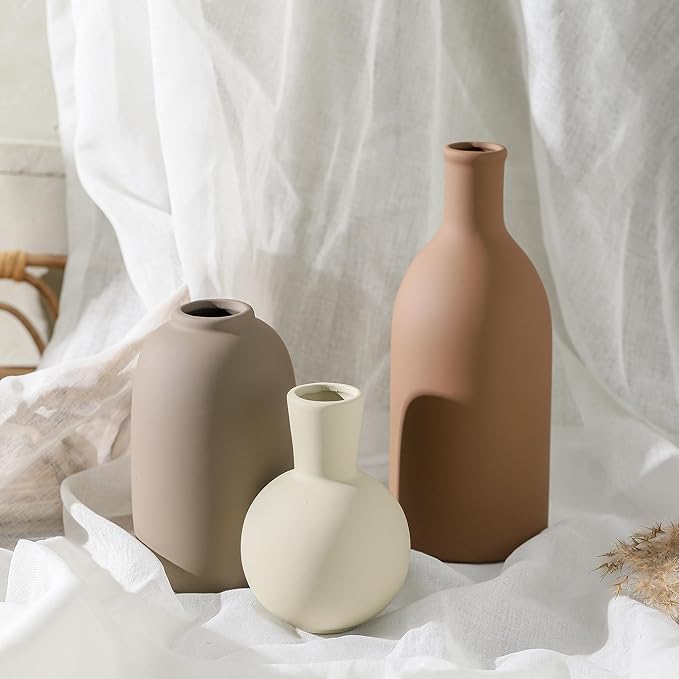 Ceramic Vases Set of 3, Modern Neutral Rustic Farmhouse Home Decor Pottery Pampas Decoration for Living Room, Table, Bathroom, Bedroom, Entryway - Brown-Ruum Studio Home
