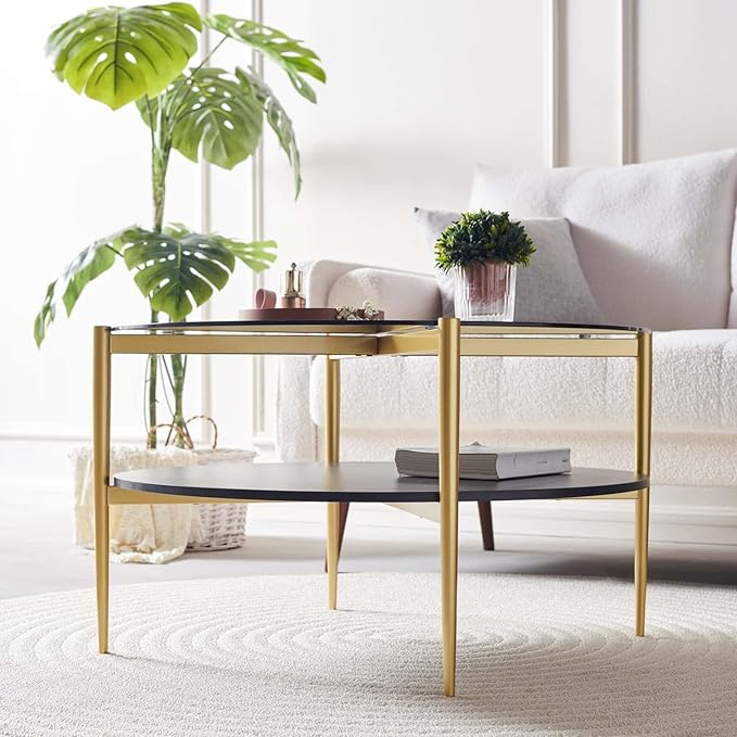 Round Coffee Table for Living Room, Mid-Century Modern Design, D30 x H17, 2-Tier Structure, Grey Glass Top and Black Marble Finish Wood Shelf, Sleek Conical Metal Legs with Gold Finish Frame-Ruum Studio Home