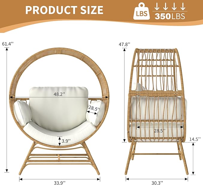 Egg Chair Outdoor Indoor, Oversized Rattan Chair with Thicken Cushion, 350LBS Capacity Wicker Patio Lounge Chair, Basket Chair for Living Room Balcony Porch Backyard, Beige-Ruum Studio Home