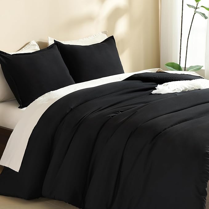 Litanika Black Comforter Full Size, 3 Pieces Boho Lightweight Solid Bedding Comforter Set, All Season Fluffy Bed Set (79x90In Comforter & 2 Pillowcases)-Ruum Studio Home