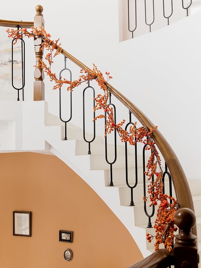 MISSPIN 6FT Pumpkin Berry Garland, Halloween Garland Fall Maple Leaf Artificial Hanging Autumn Vine Leaf Fall Decor Black Maple Fall Leaf Christmas Thanksgiving Halloween Home Decor-Ruum Studio Home