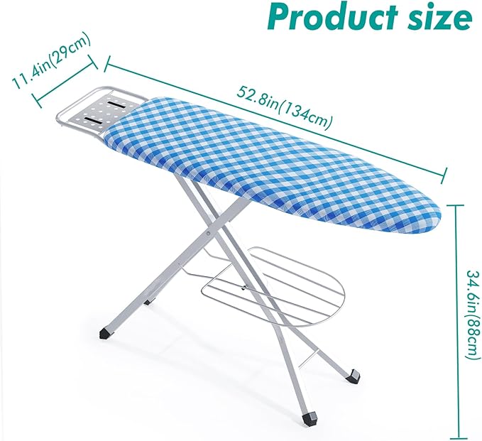 Ironing Board, Heat Resistant Cover Iron Board with Steam Rest, Non-Slip Foldable Ironing Stand. Heavy Sturdy Metal Frame Legs Iron Stand(13 * 34 * 53 Inches) (Blue White)-Ruum Studio Home