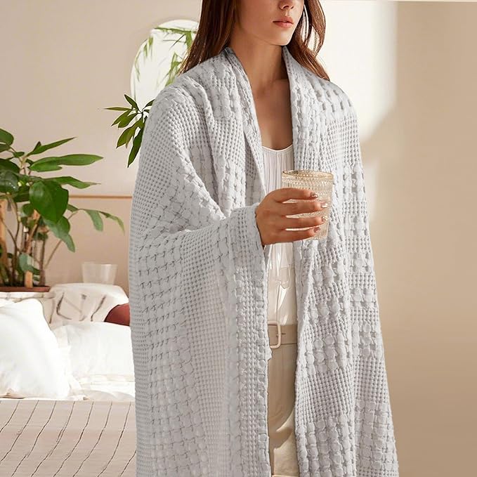 PHF 100% Cotton Waffle Weave Throw Blanket, Soft Lightweight Breathable Cozy Summer Throws for Couch Bed Sofa, Luxury Aesthetic Woven Blanket for Home Decor & Office, 50"x60", Light Grey-Ruum Studio Home