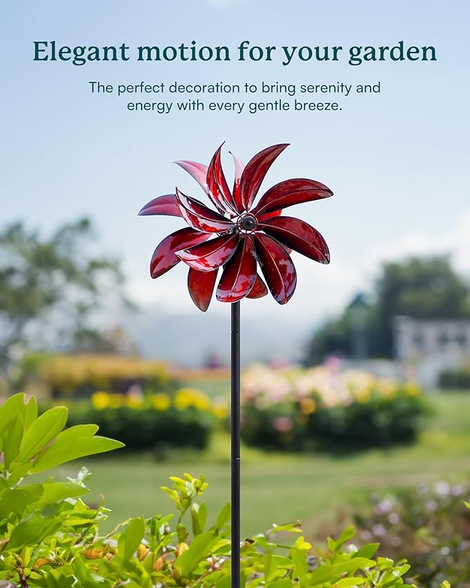 Wind Spinners Outdoor - Red Metal Windmill with Stake for Yard and Garden, Kinetic Wind Sculptures & Spinners, Gift Decor Ideas for Garden Lovers (12" W x 70" H)-Ruum Studio Home