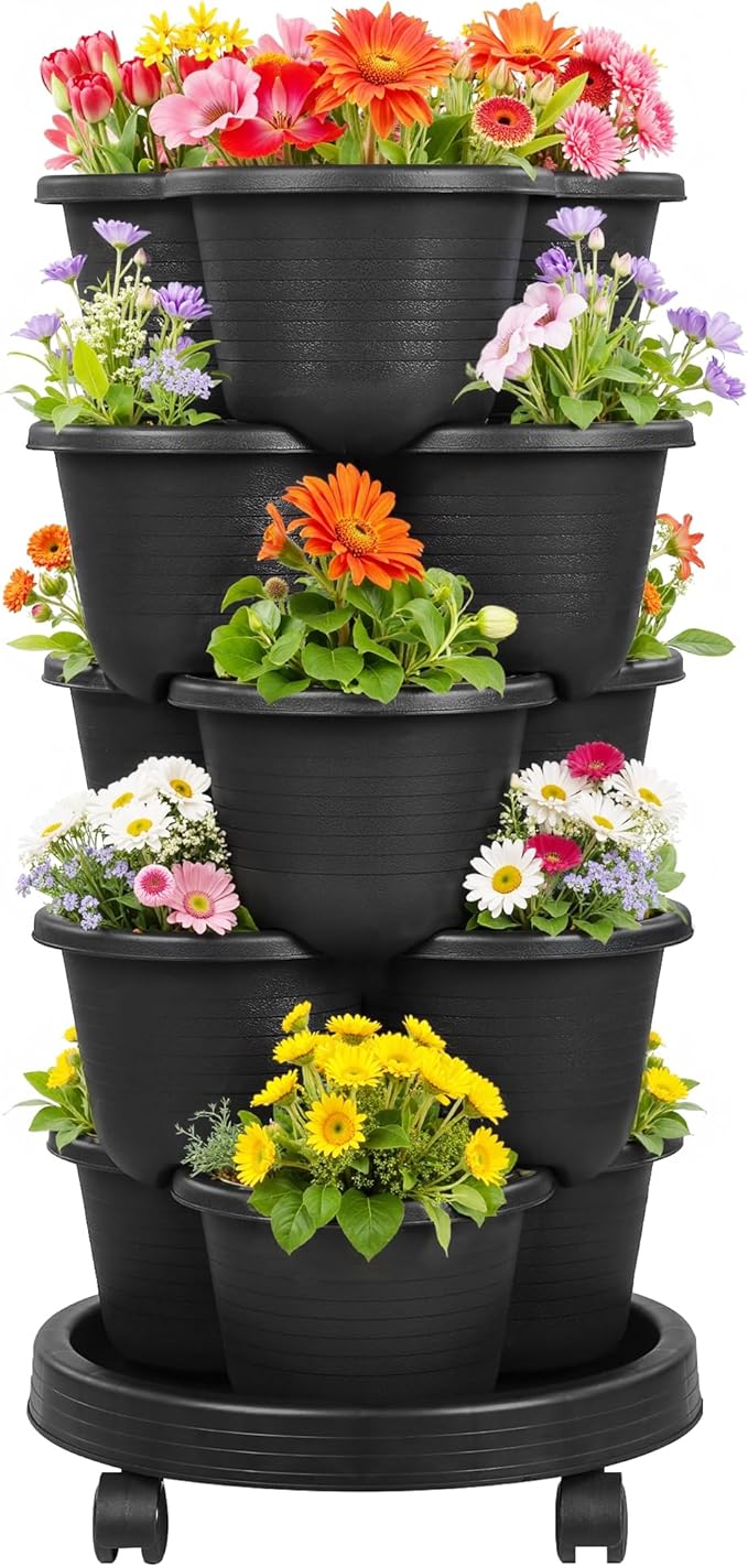 VECELO 5 Tier Vertical Garden Planter, Self Watering Stackable Planters with Wheels for Strawberries, Herbs, Flowers, Vegetables, Black-Ruum Studio Home