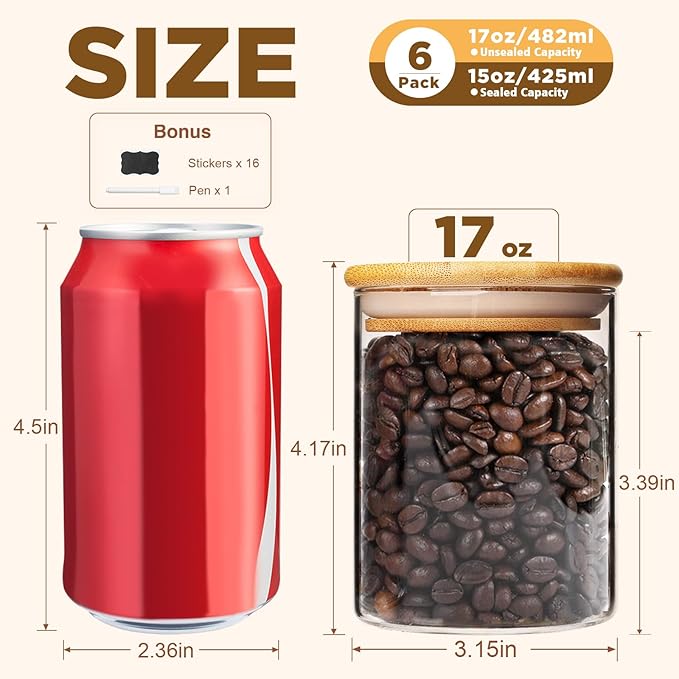 17oz Glass Food Storage Jars, Glass Jars with Bamboo Lids, Kitchen Storage Jars, Set of 12, Canisters with Airtight Lids for Spice, Coffee, Cookie, Pantry Organizers-Ruum Studio Home