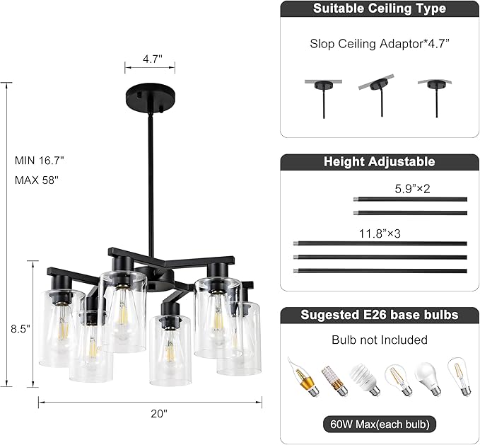 6-Light Black Modern Farmhouse Chandelier for Dining Room Ceiling Light Fixture with Clear Glass Shades, Adjustable Hanging Industrial Pendant Lighting for Living Room Kitchen Island Bedroom Entryway-Ruum Studio Home