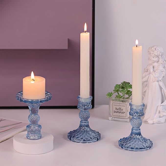 12Pcs 4" H Aqua Blue Candlestick Holders Set- Taper Candle Holders Bulk, Glass Candle Holders for Wedding, Party, Romantic Dinner Table Centerpieces, Festival Gifts & Windowsill Decor-Ruum Studio Home