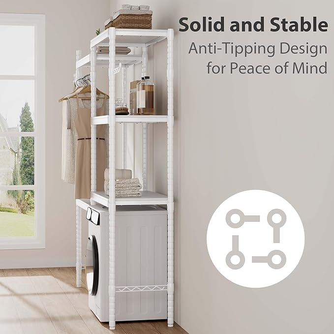 5-Tier Over-The-Washer Shelf - Adjustable 28" Laundry Organizer with 100lb Double Wood Shelves, Space-Saving Storage Unit for Small Homes (White)-Ruum Studio Home