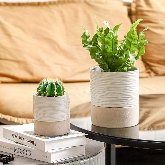 Nihow Self Watering Plant Pot for Indoor Plants: 4.5+6 Inch Ceramic Planter with Drainage Hole & Water Storage Plus - Cylinder Flower Pot with Wick for Herbs -White & Brown-Ruum Studio Home