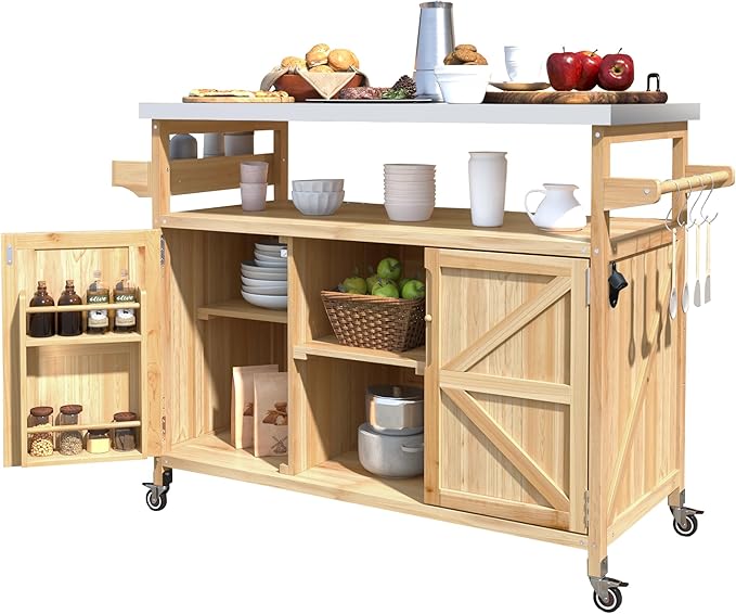 Outdoor Grill Table with Stainless Steel Top, Farmhouse Solid Wood Kitchen Island Cart with Internal Storage Rack, Outdoor Bar Cart with Storage Cabinet, Spice & Towel Rack, Natural-Ruum Studio Home