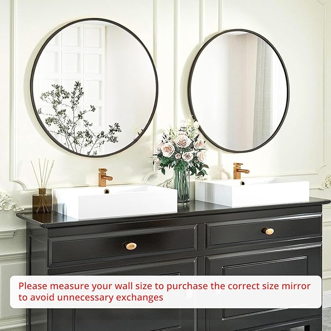 Fabuday Black Round Mirror for Wall 24 inch - Circle Mirror for Bathroom, Entryway, Living Room, Hallway, Vanity Decor, Big Matte Metal Frame Mirror-Ruum Studio Home