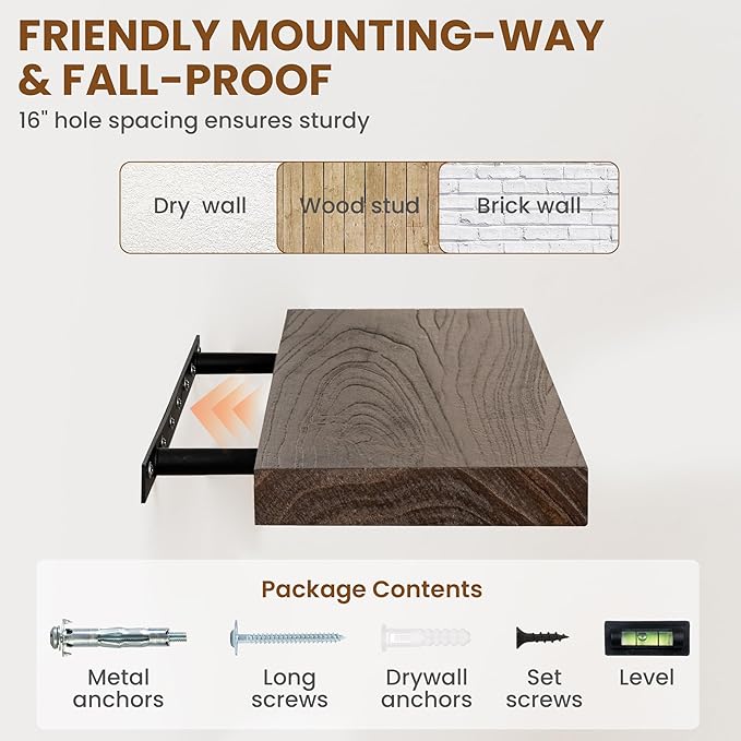 Wood Floating Shelves for Wall, 24" Floating Shelves Wall Mounted, Rustic Old Elm Wood Shelves for Home Decor, Heavy-Duty Storage Shelves for Books, Bathroom, Kitchen, Walnut Color, Set of 2-Ruum Studio Home